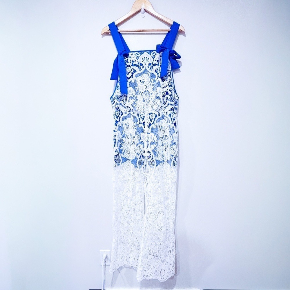 TWINSET Blue White Lace Wide Leg Adjustable Strap Jumpsuit Medium